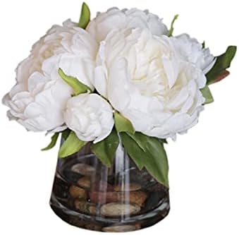 White Artificial Roses Silk Bouquet with Glass Vase