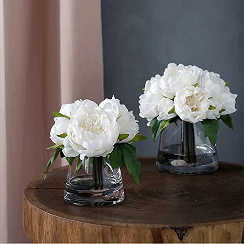 White Artificial Roses Silk Bouquet with Glass Vase