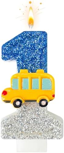 1st Birthday Number 01 Candles School Bus Blue Silver