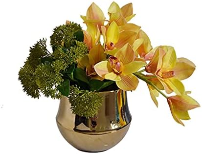 Realistic Artificial Yellow Cymbidium with Golden Ceramic Vase 1
