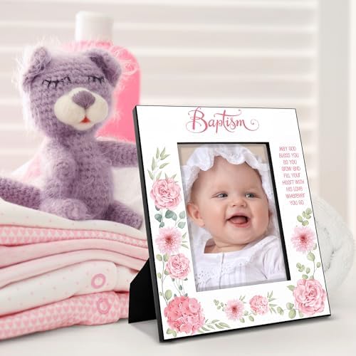 KATE POSH Baptism Frame for Girl - Pink Flowers 5x7 Vertical