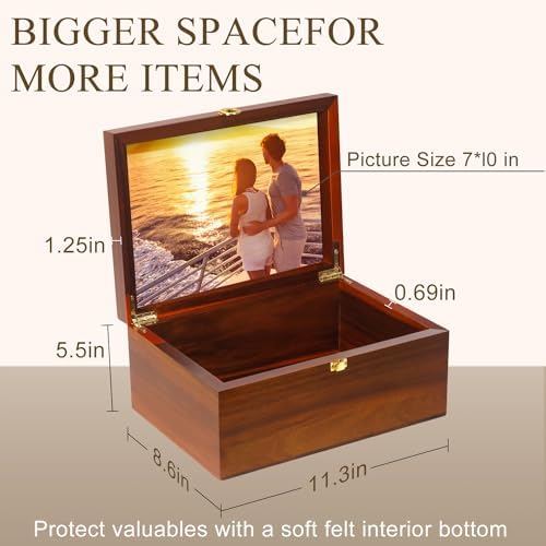 Large Wooden Keepsake Box with Hinged Lid and Photo Frame