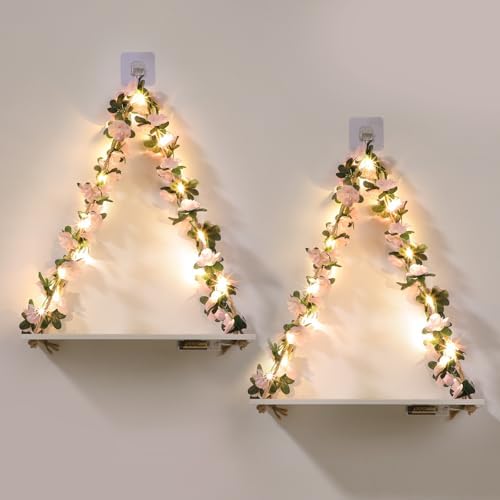 EXIN DECHEN Floating Shelves with Light and Plants Set of 2