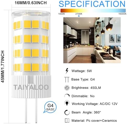 TAIYALOO G4 LED Bulbs 12V 5W Warm White 2700K 10 Pack 1