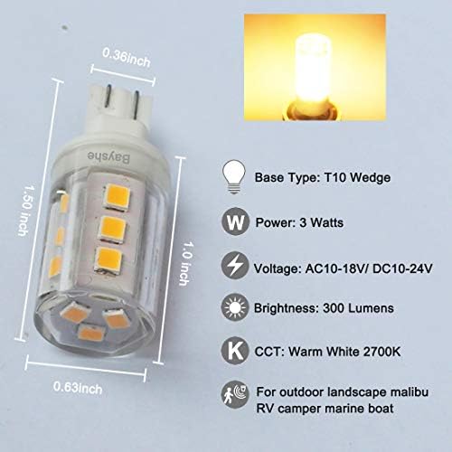 Bayshe T10 Wedge Base LED Bulb 3W 8 Pack Warm White