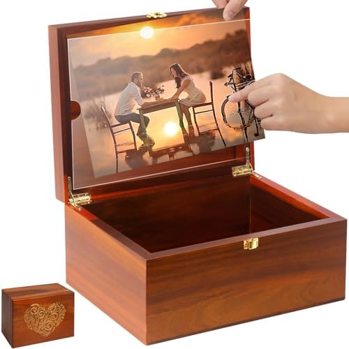 Large Wooden Keepsake Box with Hinged Lid and Photo Frame