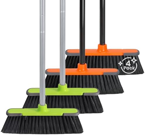 4 PK Soft Bristle Push Brooms - Heavy Duty Commercial Broom for House Garage Kitchen Shop Restaurant