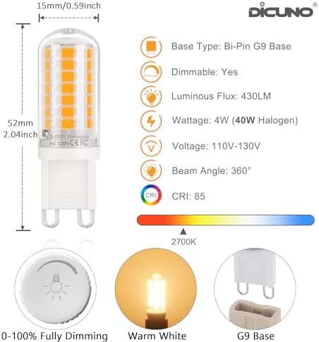 DiCUNO G9 LED Dimmable Bulb 4W 40W Halogen Equivalent