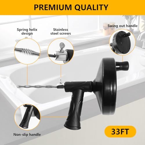 33 Feet Drain Snake Auger with Gloves for Clog Removal