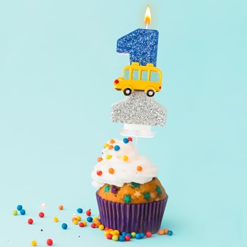 1st Birthday Number 01 Candles School Bus Blue Silver