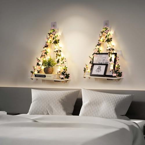 EXIN DECHEN Floating Shelves with Light and Plants Set of 2