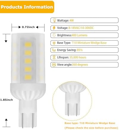 Cheopha T5 T10 12V LED Bulbs 4W Warm White 3000K Pack of 5
