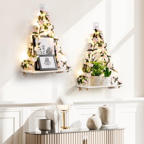 EXIN DECHEN Floating Shelves with Light and Plants Set of 2