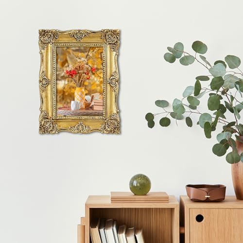 Hiwhy 8x10 Inch Golden Ornate Resin Photo Frame with Easel Wall Hook