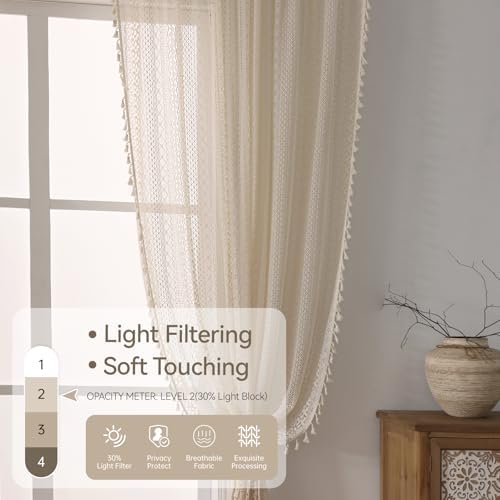 WAZZIO Boho Curtains 2 Panels Beige Cotton