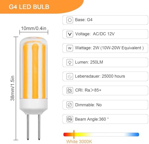 BROLSKUN G4 2W 12V Bi-Pin LED Bulb 5 Pack Warm White