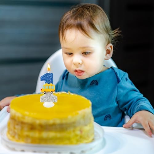 1st Birthday Number 01 Candles School Bus Blue Silver