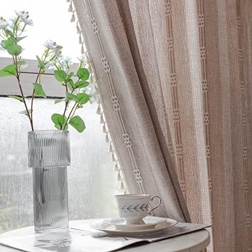 BCLBUSTE Linen Curtains 84 L - Khaki Embroidery Striped 2 Panels Set