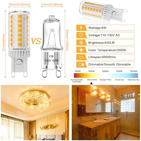 SNBIHIBE G9 LED Bulb 4W Dimmable Warm White 3000K