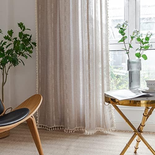 BCLBUSTE Linen Curtains 84 L - Khaki Embroidery Striped 2 Panels Set