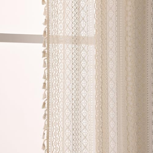 WAZZIO Boho Curtains 2 Panels Beige Cotton