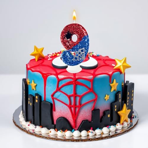 Spider Web Birthday Candles Red Blue with Silver