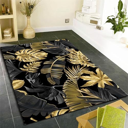 USHIRUG Black Gold Tropical Plant 6x8ft Area Rug