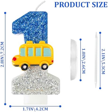 1st Birthday Number 01 Candles School Bus Blue Silver