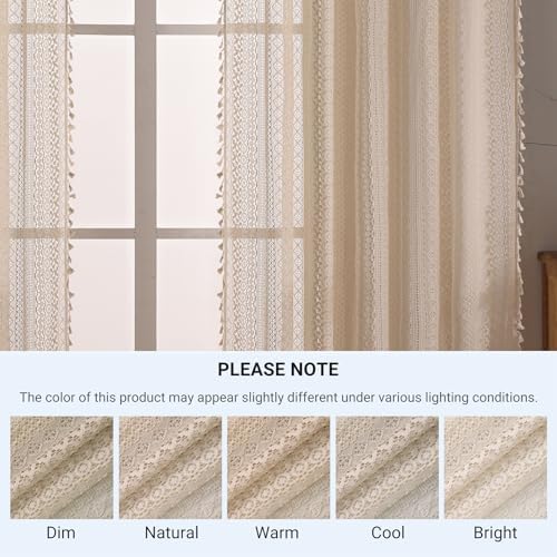 WAZZIO Boho Curtains 2 Panels Beige Cotton