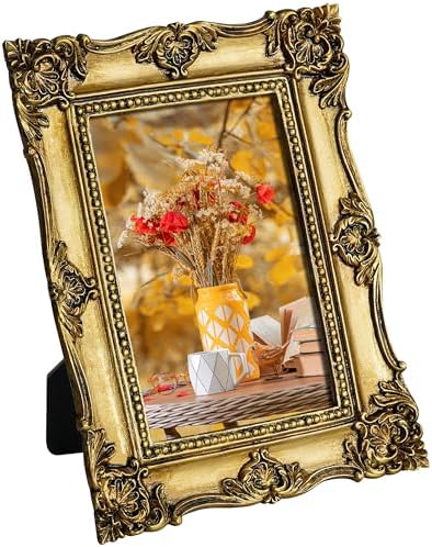 Hiwhy 8x10 Inch Golden Ornate Resin Photo Frame with Easel Wall Hook