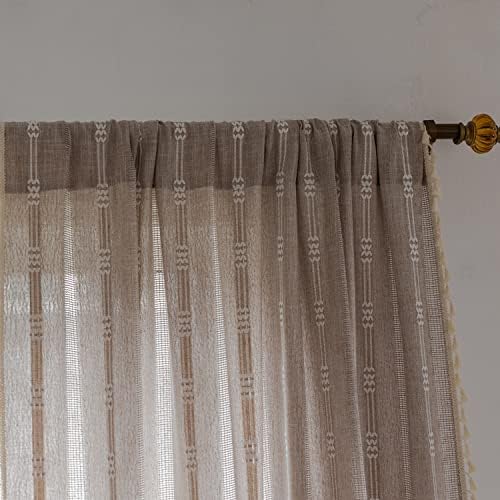 BCLBUSTE Linen Curtains 84 L - Khaki Embroidery Striped 2 Panels Set
