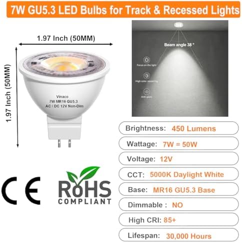 Vinaco 7W MR16 LED Bulb 5000K Daylight 12V 450LM Non-Dimmable