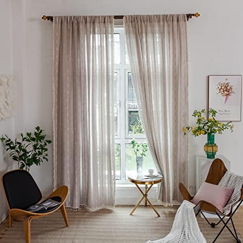 BCLBUSTE Linen Curtains 84 L - Khaki Embroidery Striped 2 Panels Set