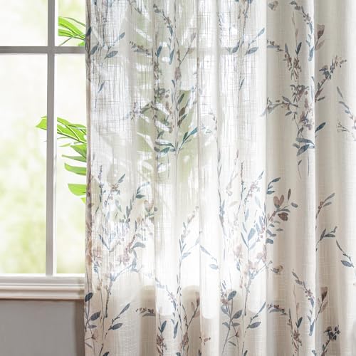 MYSKY HOME Sheer Curtains 2 Panels Navy Blue Flax Linen