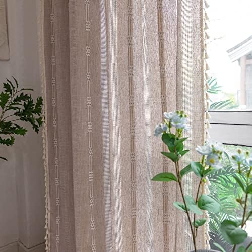 BCLBUSTE Linen Curtains 84 L - Khaki Embroidery Striped 2 Panels Set
