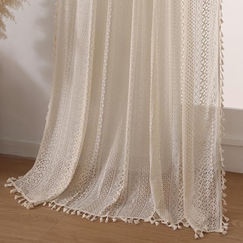 WAZZIO Boho Curtains 2 Panels Beige Cotton