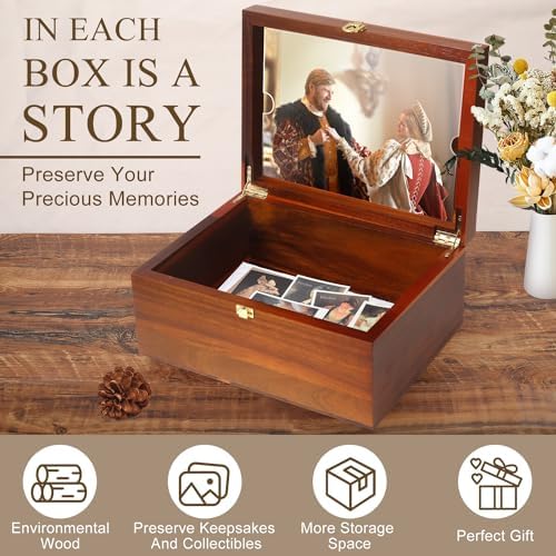 Large Wooden Keepsake Box with Hinged Lid and Photo Frame