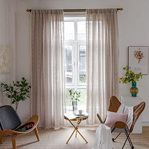 BCLBUSTE Linen Curtains 84 L - Khaki Embroidery Striped 2 Panels Set