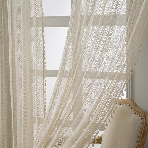 WAZZIO Boho Curtains 2 Panels Beige Cotton