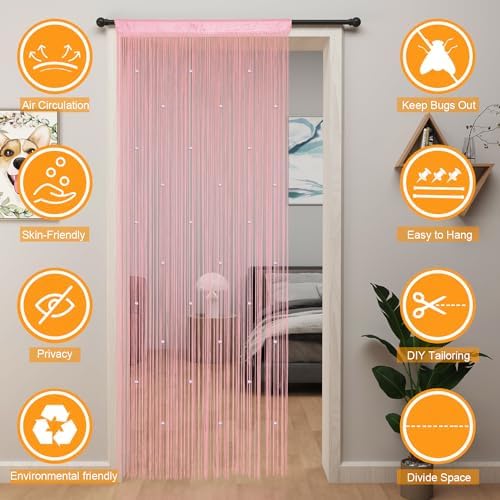 YIIBAII Pink Beaded Curtain 39x79 Inches for Doorways