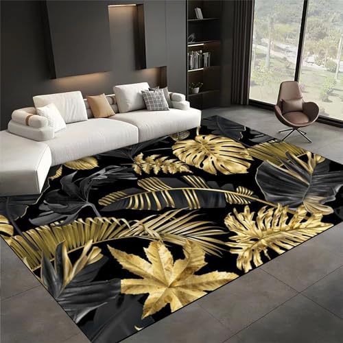 USHIRUG Black Gold Tropical Plant 6x8ft Area Rug