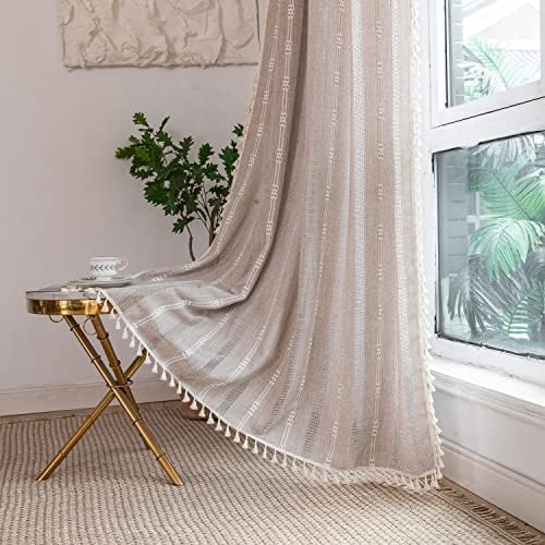 BCLBUSTE Linen Curtains 84 L - Khaki Embroidery Striped 2 Panels Set