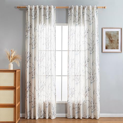 MYSKY HOME Sheer Curtains 2 Panels Navy Blue Flax Linen