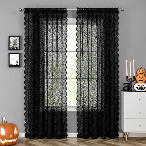 Bujasso Black Sheer Lace Curtain Panels 84 Inch