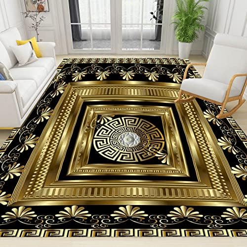 RAKUTE Retro Black Gold Greek Key Meander Area Rug 4ft x 5ft