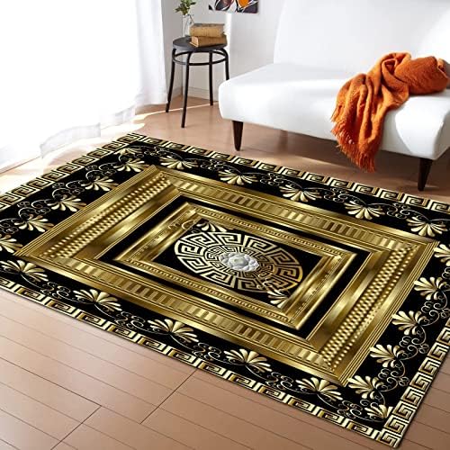 RAKUTE Retro Black Gold Greek Key Meander Area Rug 4ft x 5ft
